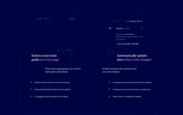 ReadMe AI style guide and writer grid, dark-mode, technical, dark