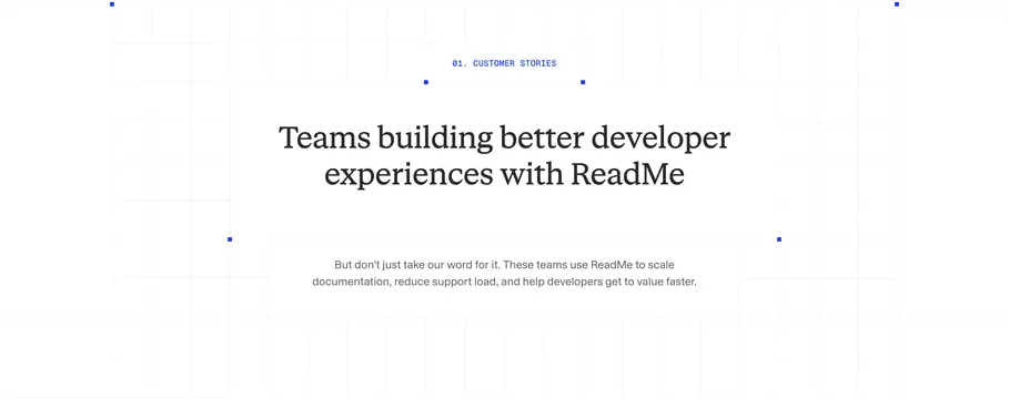 ReadMe customer stories section header, minimal, light-mode, light