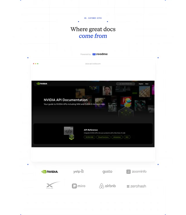 ReadMe customer sites NVIDIA mockup, minimal, light-mode, light