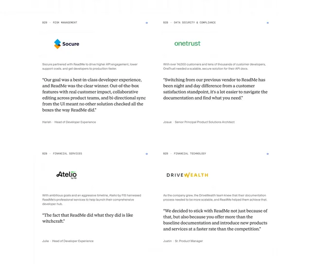 ReadMe four-up customer story cards, minimal, light-mode, light