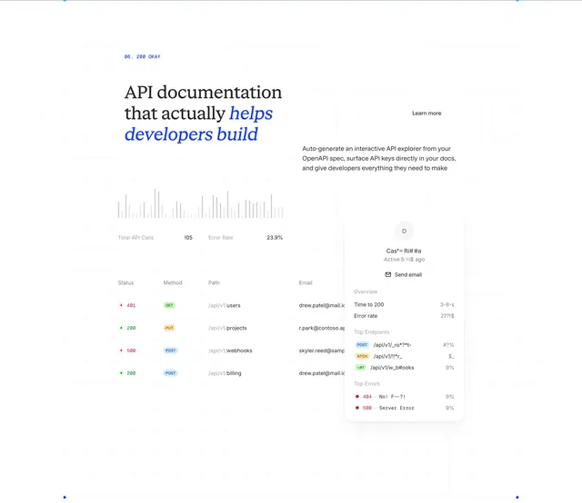 ReadMe API docs analytics bento feature, minimal, light-mode, light