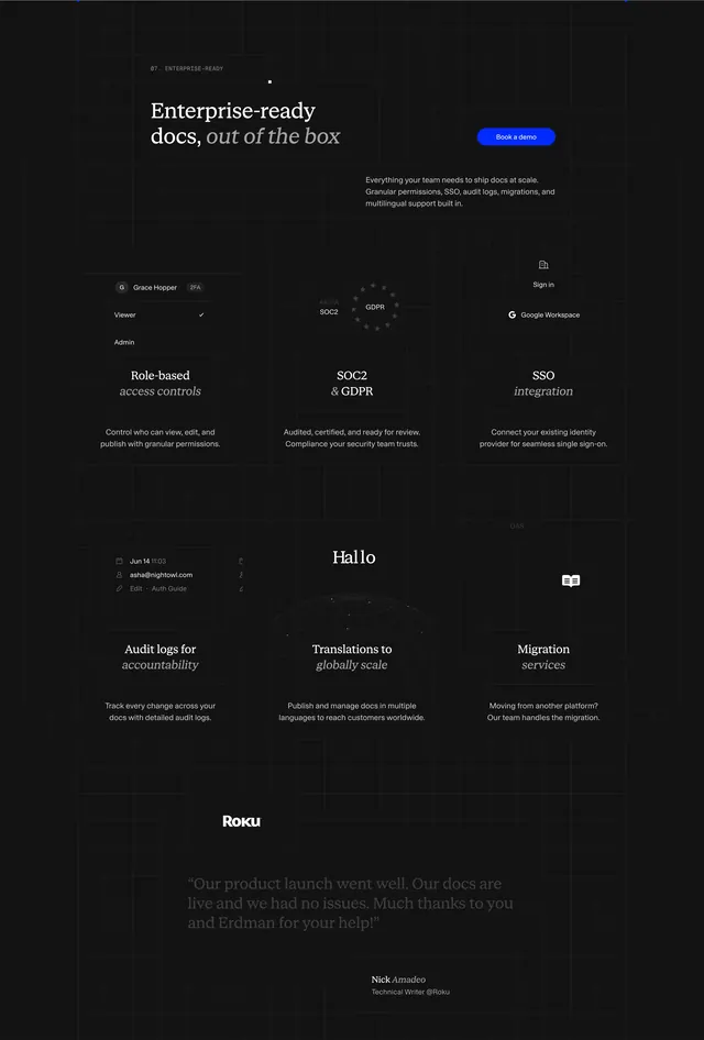 ReadMe enterprise-ready six-card grid, dark-mode, minimal, dark