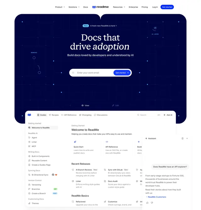 ReadMe dark hero with serif headline and docs preview, dark-mode, editorial, dark