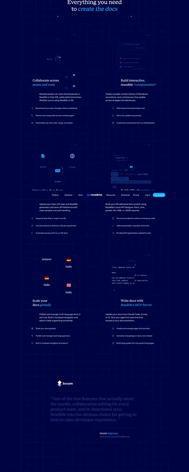 ReadMe full product feature scroll, dark-mode, technical, dark