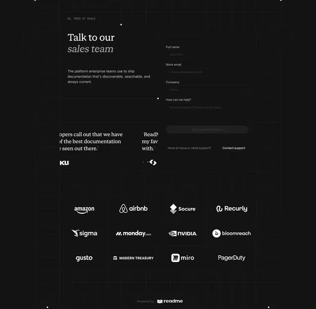 ReadMe enterprise sales contact page, dark-mode, minimal, dark