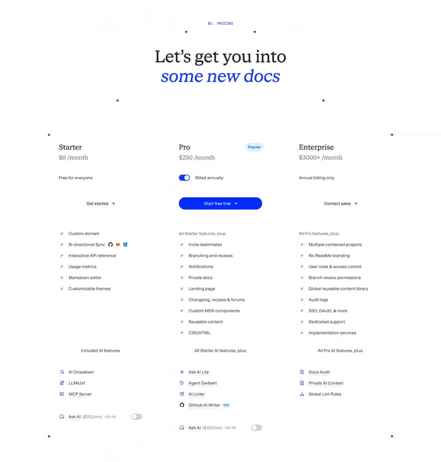 ReadMe three-tier pricing table, minimal, light-mode, light