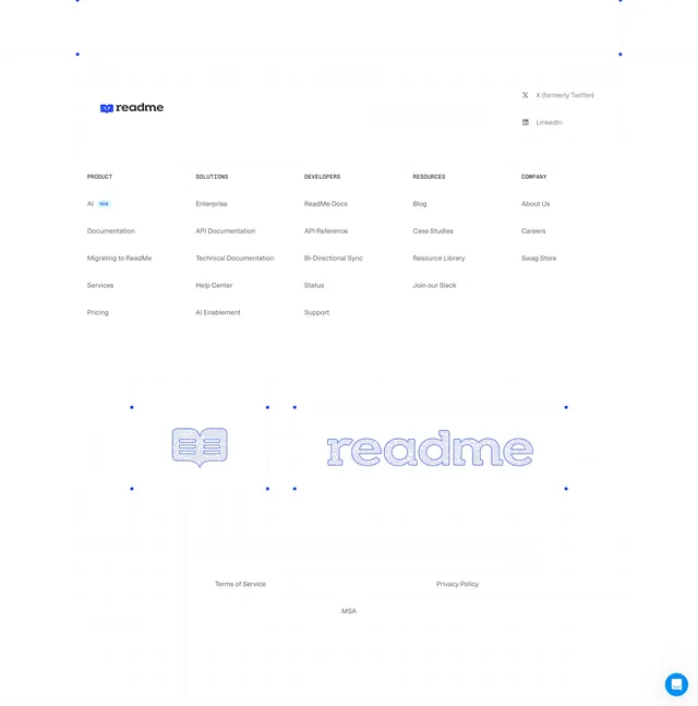 ReadMe five-column footer with brand art, minimal, light-mode, light
