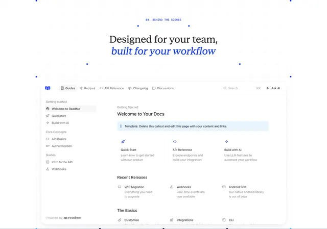 ReadMe team workflow docs hub preview, minimal, light-mode, light