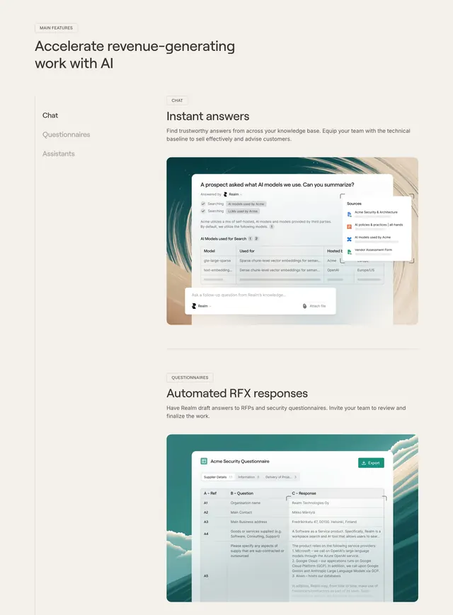 Realm tabbed feature-detail with product shots, light-mode, minimal, light
