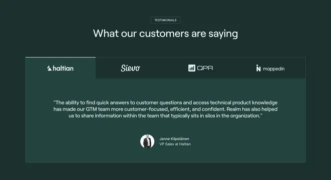 Realm dark tabbed testimonial, dark-mode, minimal, dark