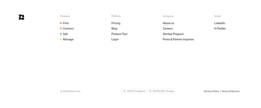 Reevo footer with product color icons, minimal, light-mode, light