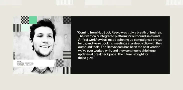 Reevo Nate NClarity split testimonial, neo-brutalist, minimal, light