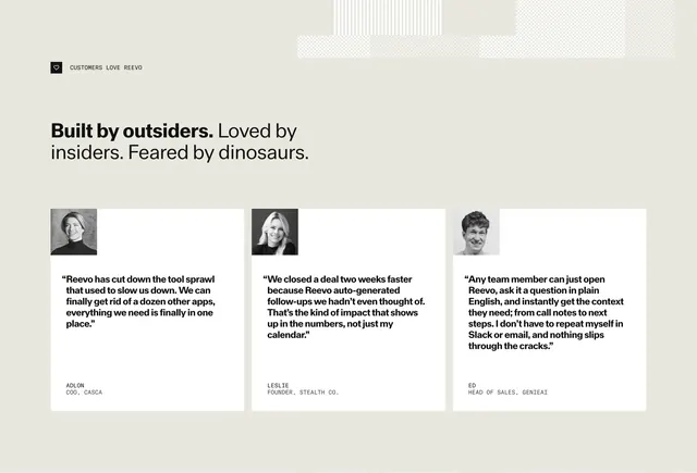 Reevo three-card testimonial grid, minimal, light-mode, light