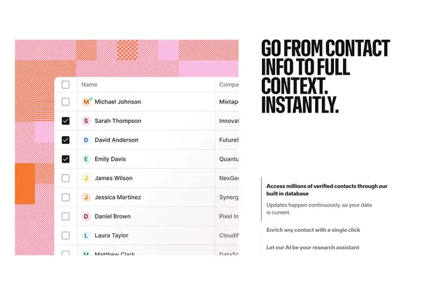 Reevo contact enrichment list feature, minimal, playful, light