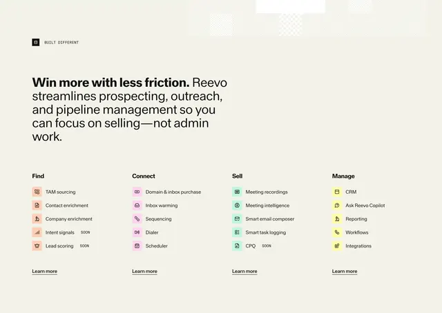 Reevo Find Connect Sell Manage grid, minimal, light-mode, light