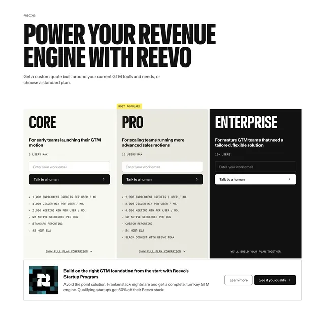 Reevo Core Pro Enterprise pricing, minimal, neo-brutalist, light