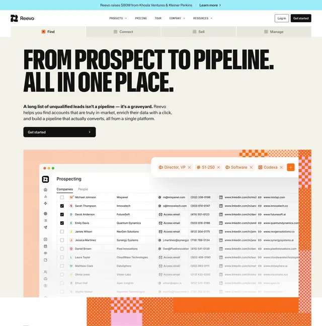 Reevo prospect to pipeline hero, minimal, light-mode, light