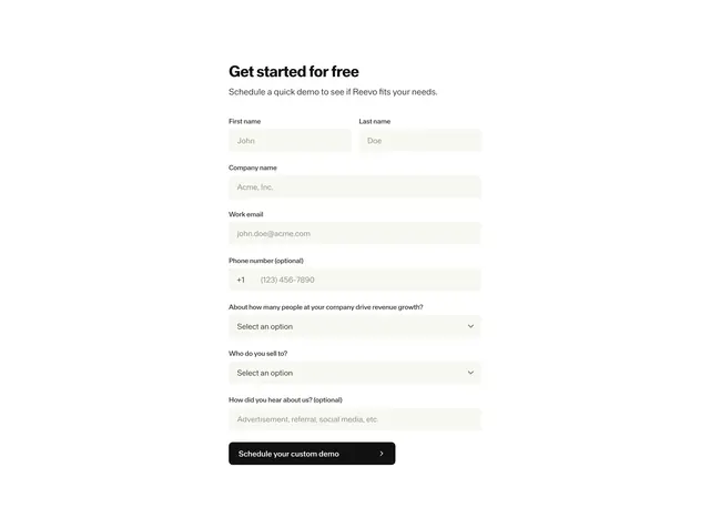Reevo get started demo form, minimal, light-mode, light
