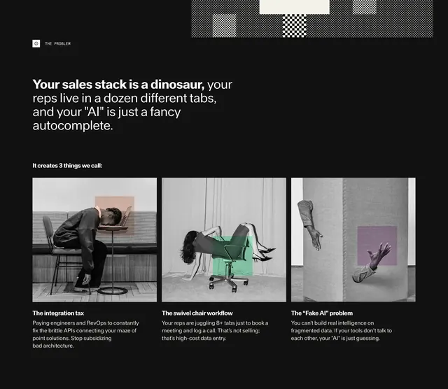 Reevo sales stack dinosaur problem grid, dark-mode, minimal, dark