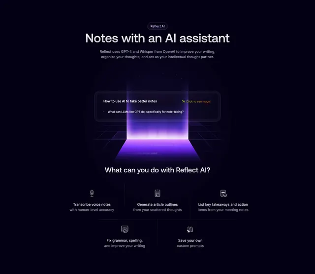 Reflect AI assistant portal hero, dark-mode, minimal, dark