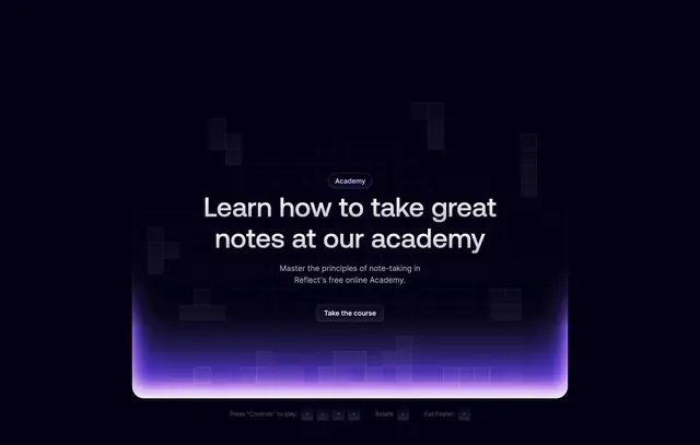 Reflect Academy Tetris CTA, dark-mode, minimal, dark