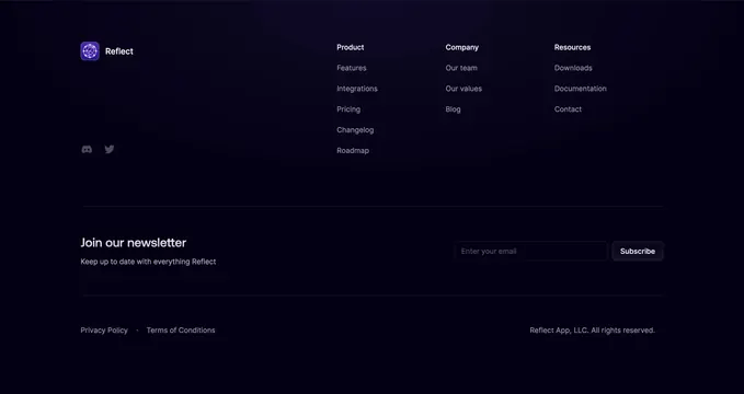 Reflect dark three-band footer, dark-mode, minimal, dark