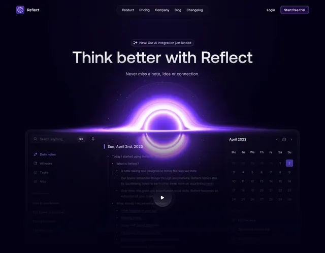 Reflect cosmic hero with app mockup, dark-mode, minimal, dark