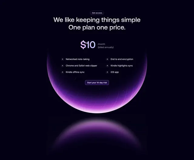 Reflect single plan pricing, dark-mode, minimal, dark