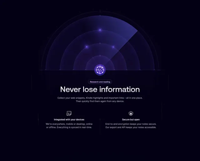 Reflect research radar section, dark-mode, minimal, dark
