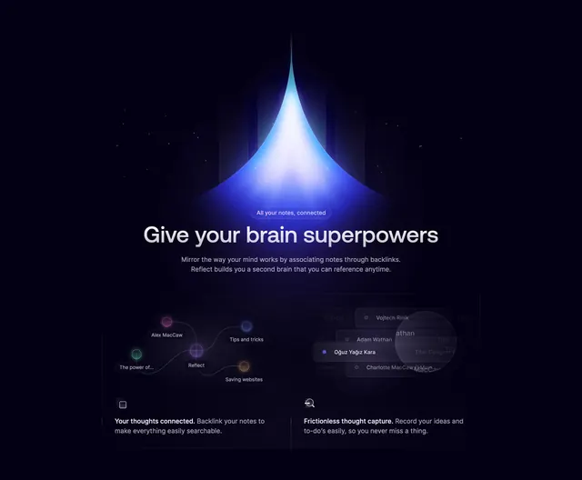 Reflect superpowers backlink features, dark-mode, minimal, dark