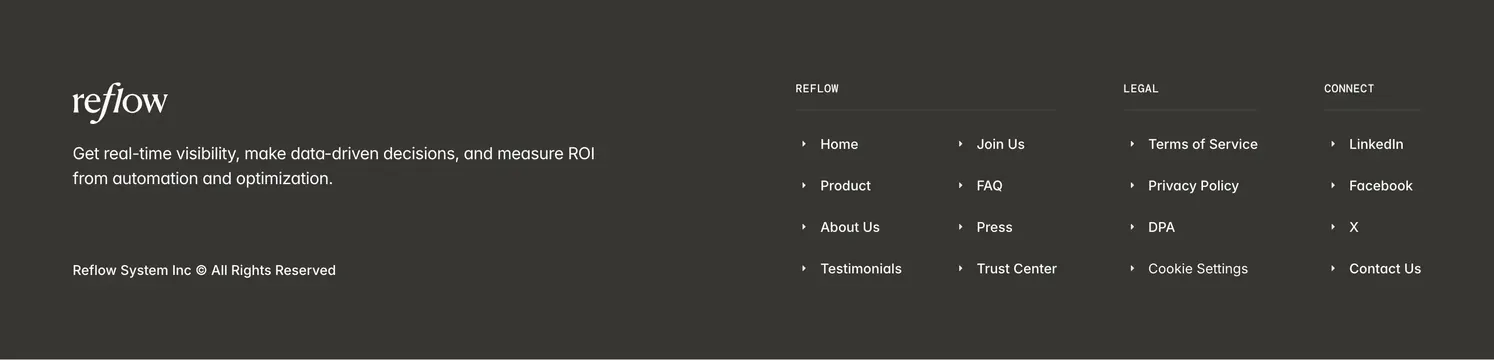 Reflow dark multi-column footer, dark-mode, minimal, dark