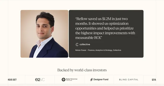 Reflow customer success testimonial, minimal, light-mode, light