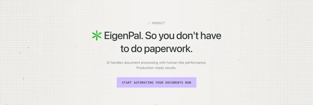 EigenPal centered product CTA, minimal, light-mode, light