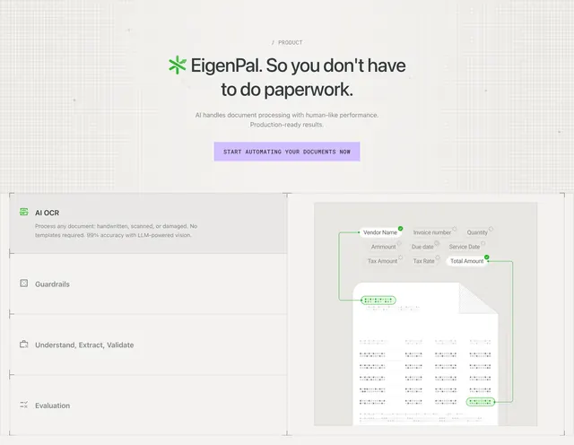 EigenPal product hero with tabbed showcase, minimal, light-mode, light