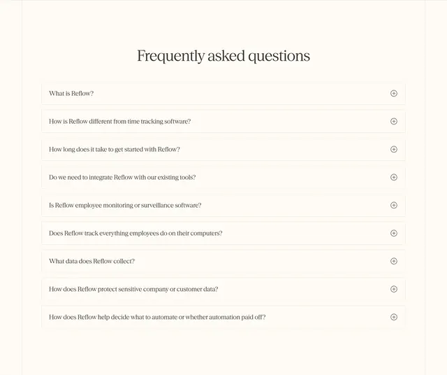 Reflow serif FAQ accordion, minimal, light-mode, light