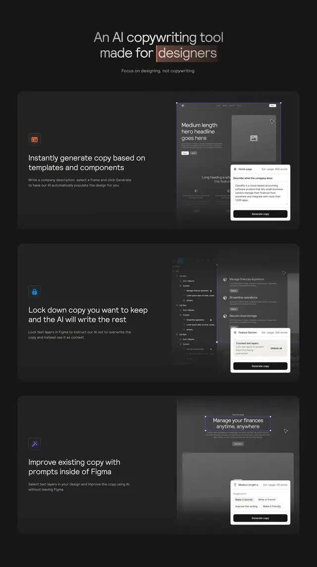 Relume Ipsum stacked Figma feature rows, dark-mode, minimal, dark