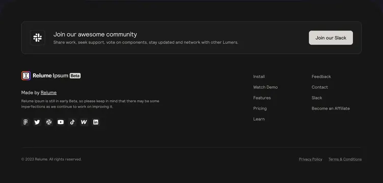 Relume Ipsum dark community footer, dark-mode, minimal, dark