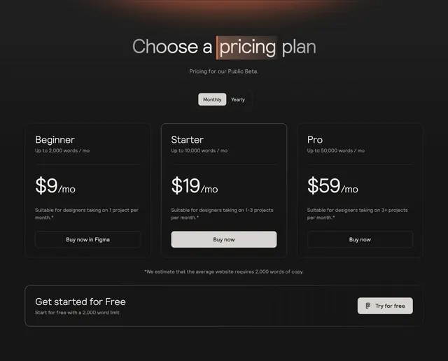 Relume Ipsum dark three-tier pricing, dark-mode, minimal, dark