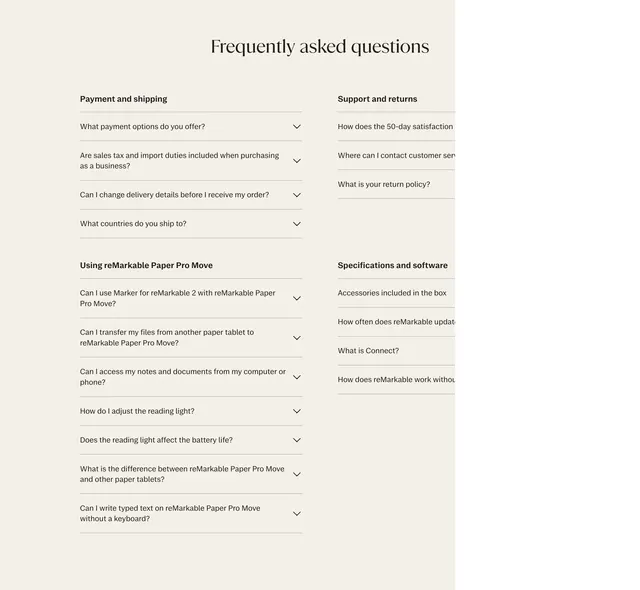 reMarkable customer support FAQ accordion, light-mode, minimal, light
