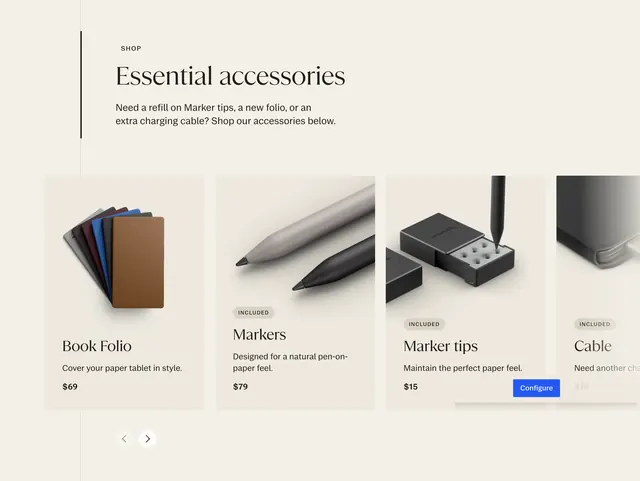 reMarkable essential accessories carousel, light-mode, minimal, light