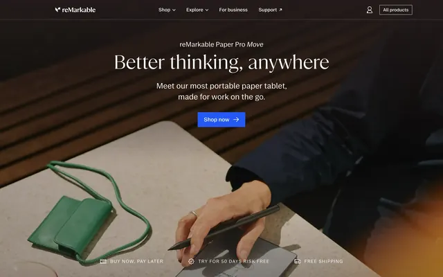 reMarkable Paper Pro Move dark lifestyle hero, minimal, dark-mode, dark