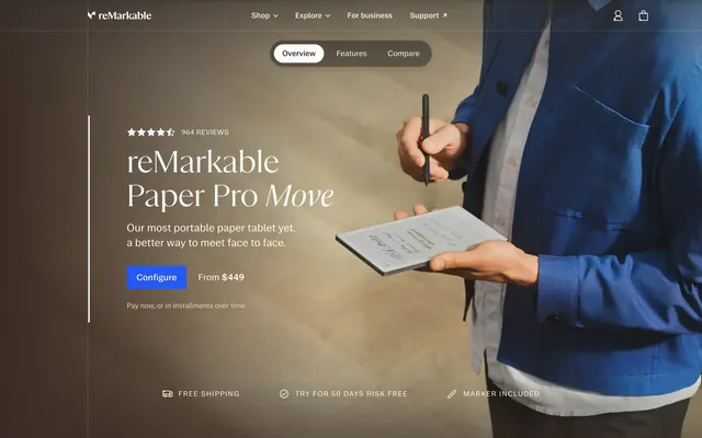 reMarkable Paper Pro Move split product hero, minimal, dark-mode, dark