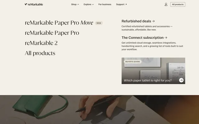 reMarkable Shop mega menu navigation, light-mode, minimal, light