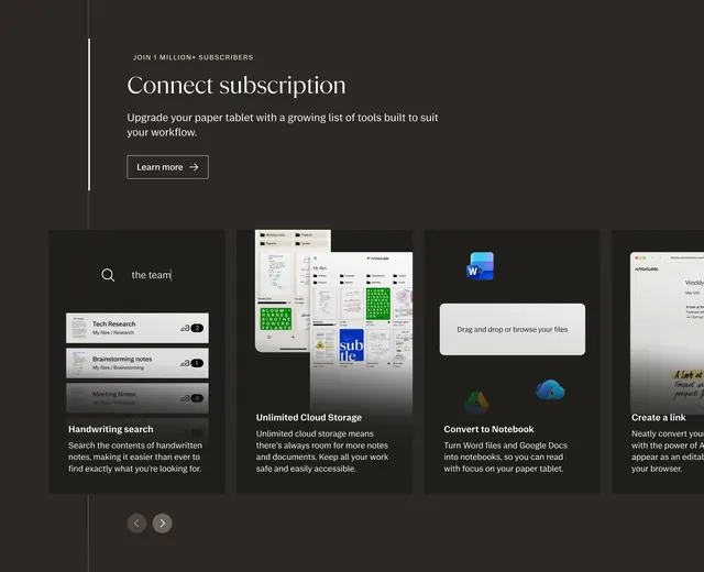 reMarkable Connect subscription feature carousel, dark-mode, minimal, dark