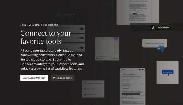 reMarkable Connect tool integration CTA, dark-mode, minimal, dark