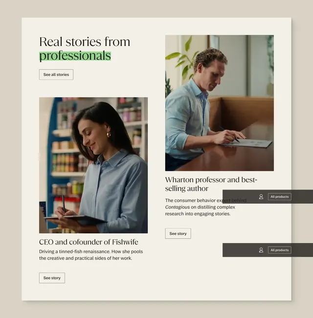 reMarkable professional user stories split layout, light-mode, minimal, light