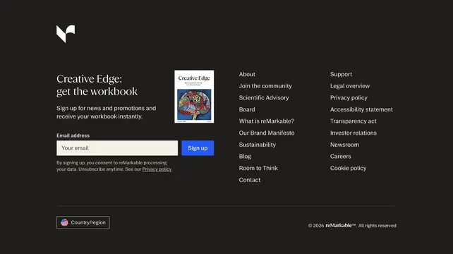 reMarkable Creative Edge workbook footer signup, dark-mode, minimal, dark