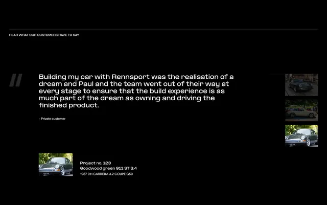 Rennsport dark testimonial with project rail, dark-mode, minimal, dark