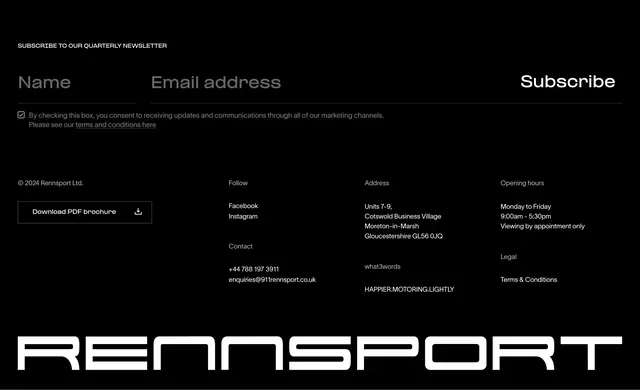 Rennsport dark newsletter footer, dark-mode, minimal, dark