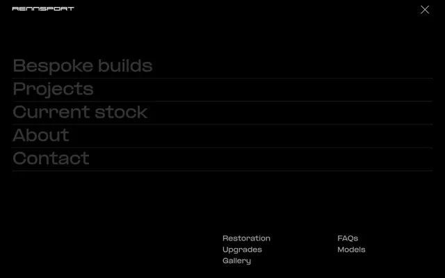 Rennsport full-screen dark menu overlay, dark-mode, minimal, dark
